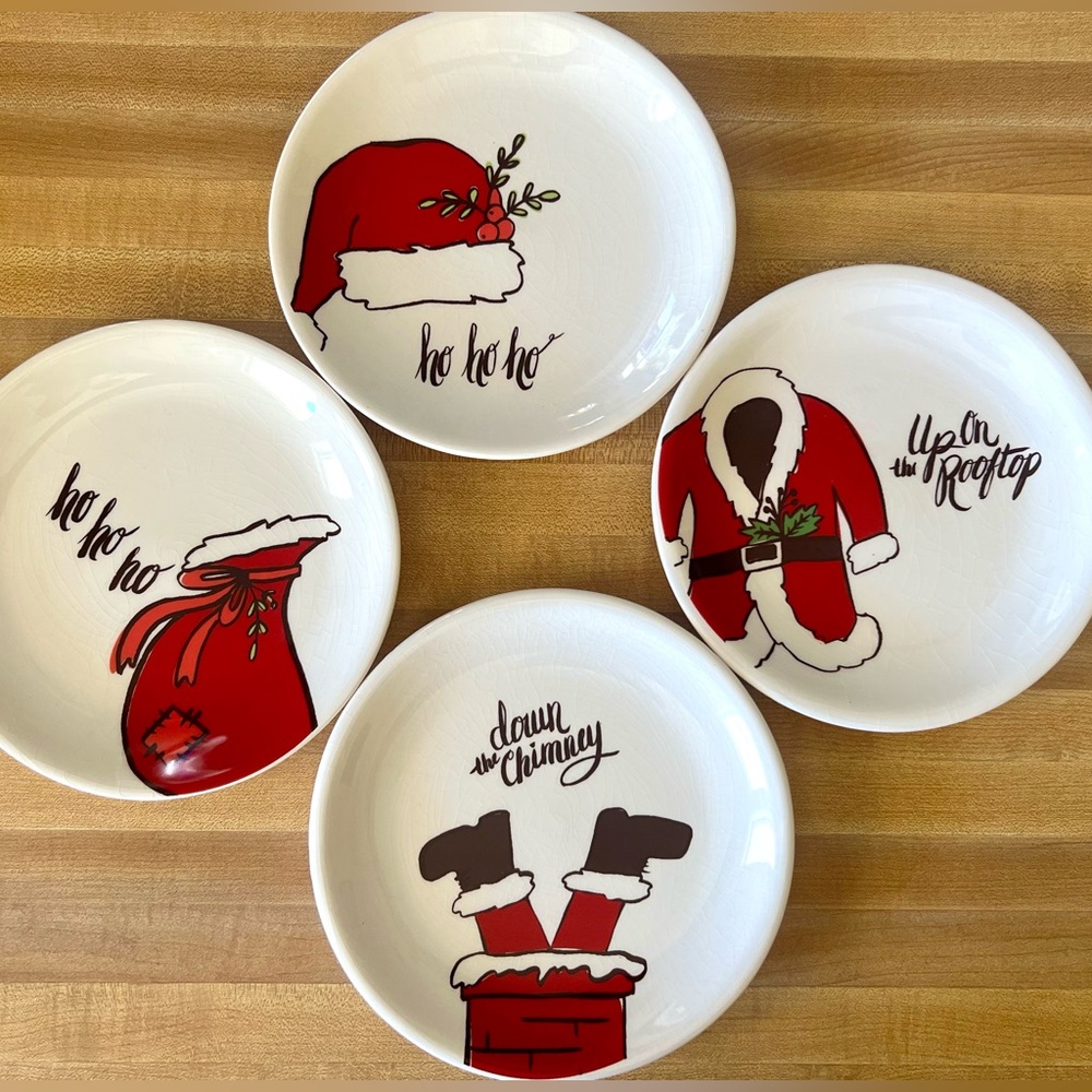Magenta  Set of Four 6” Dessert Plates Fun Santa One each of Four designs